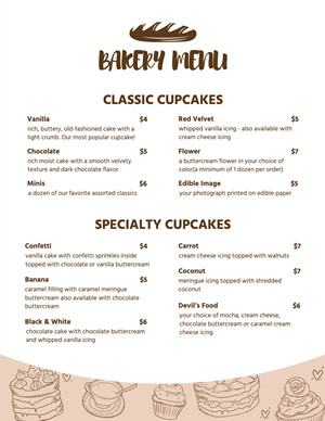 Classic Cupcakes Bakery Menu Menu Design