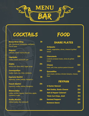 Cocktails Bar Menu Menu Design