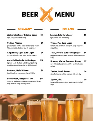 Germany Beer Menu Menu Design