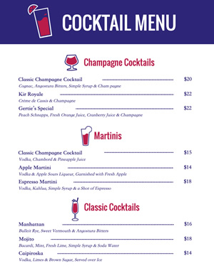 Champagne Cocktail Menu Menu Design