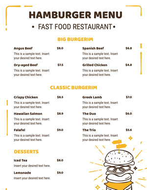 Fast Food Restaurant Hamburger Menu Menu Design