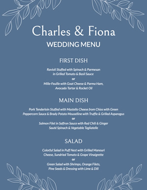 Blue Wedding Menu Design