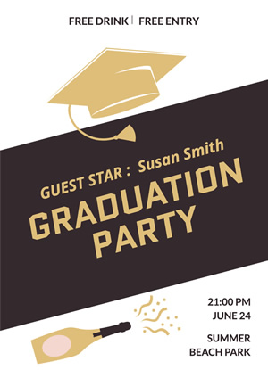 Brown Mortarboard and Champagne Graduation Party Poster Design